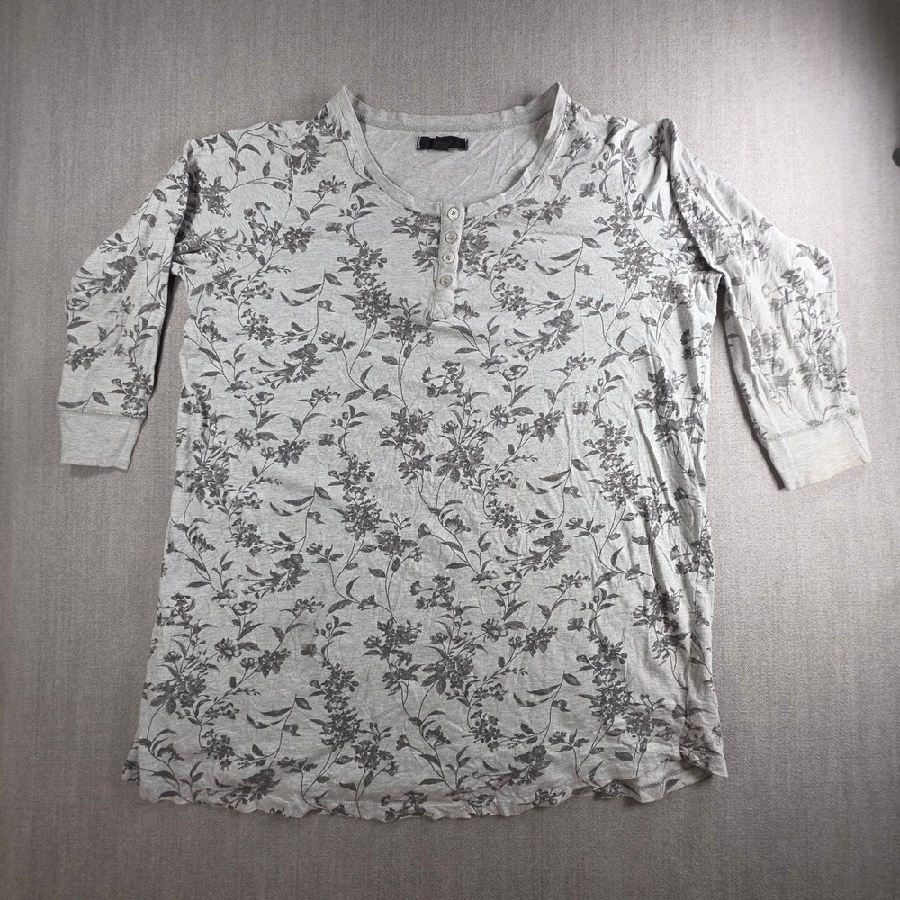 Ellos Henley Top Women L 18/20 Grey Floral Print 3/4 Sleeve Casual Button Neck